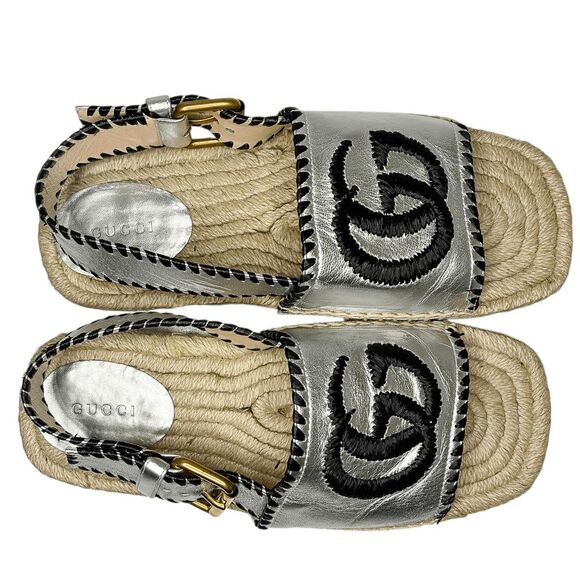 Gucci Pilar GG Espadrille Sandals EU 37 US 7 Metallic Silver Slingback Logo - Picture 6 of 14